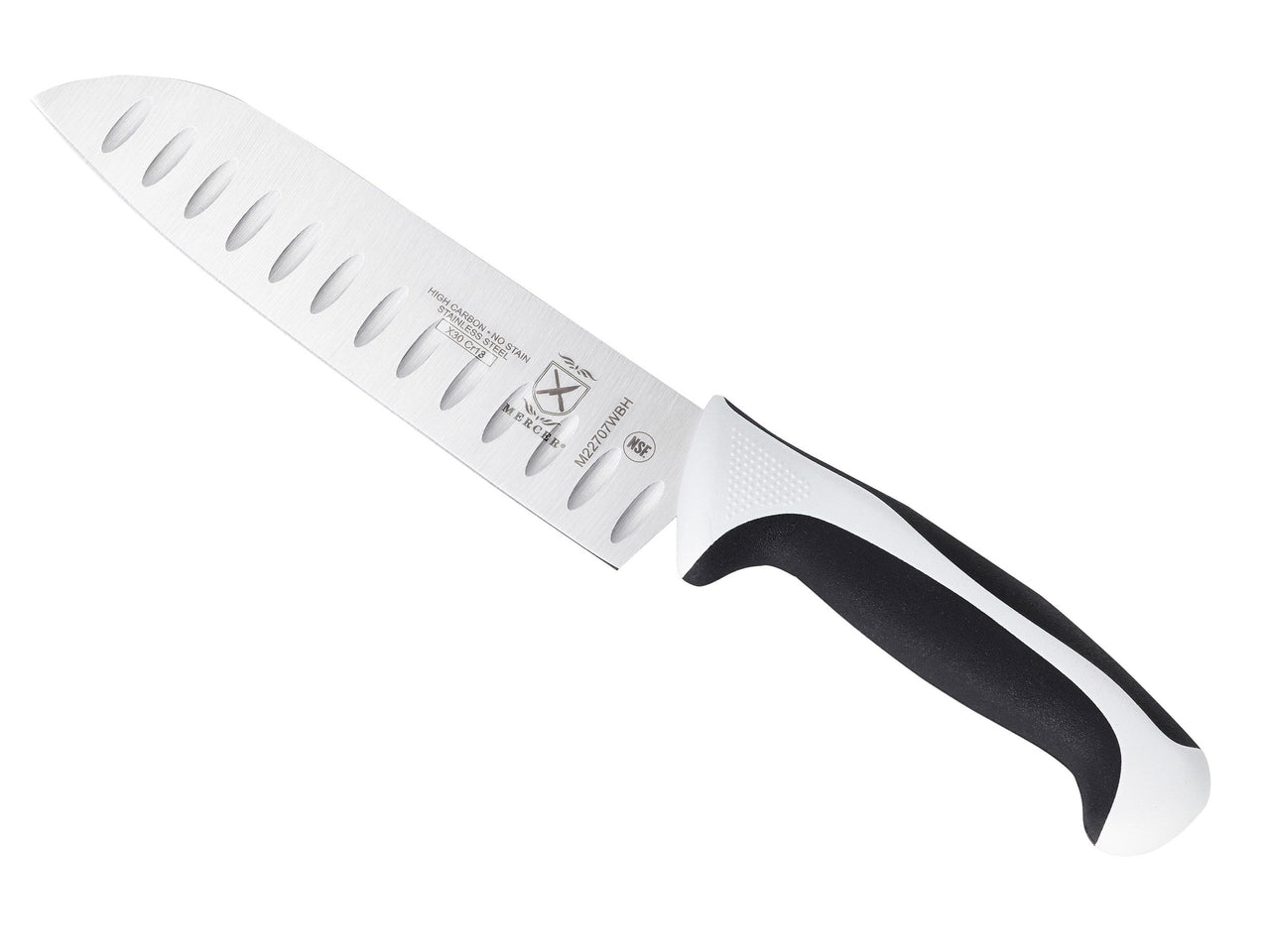Mercer Culinary White Millennia Handle, 7" Santoku Knife (Granton Edge) Granton Edge Santoku Knife 7" Santoku Knife (Granton Edge)