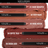 Staze 9to9 Pout On Matte + Smudgeproof Lip Crayon | Non-Drying & Transferproof | Pigmented Matte Finish | 12-Hour Stay | Lightweight | 05 Cocoa Loco | 3.5 g