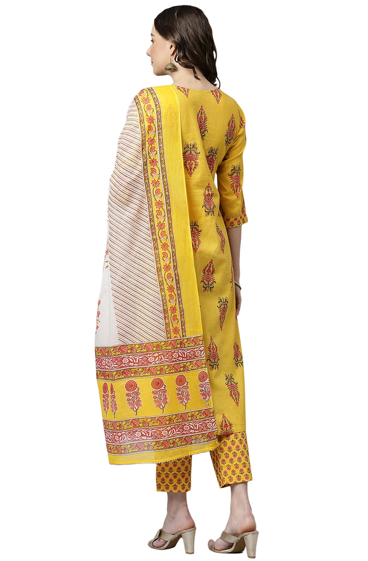 Janasya Women's  Yellow Cotton Kurta with Pant and Dupatta