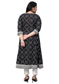 Yash Gallery Women's  Plus Size Cotton Bandhej Print Anarkali Kurta (Black)