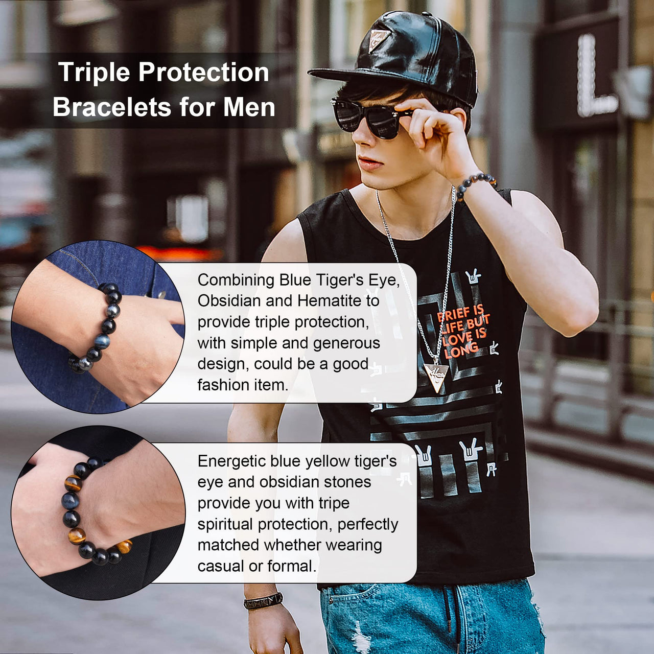 Vicsoon Triple Protection Bracelets for Men Women, 14mm Blue Yellow Tigers Eye Black Obsidian Healing Crystal Jewelry Stone, Handmade Bead Bracelets Bring Luck, Prosperity, and Happiness Blue Yellow Black