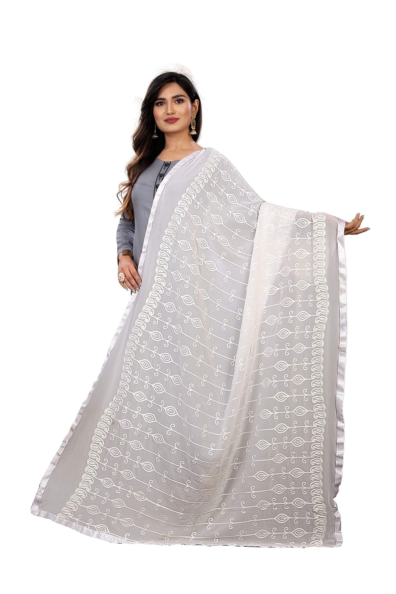 AKSHAR LLC Women's  Designer Pure Chiffon Dupatta with Pure Cotton Thread Embroidery Work