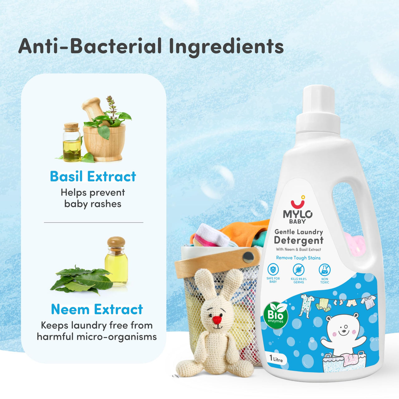 Mylo Baby Detergent Liquid For Clothes 1 Litre | Anti - Bacterial | No Harmful Chemicals, No Allergens & No Artificial Colours