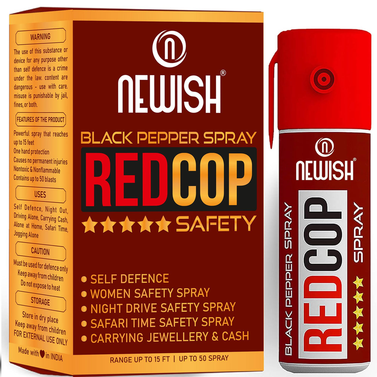 NEWISH Black Pepper Spray for self Defence Small Pocket Size - Reliable and Effective Self-Defense 50 Time Spray