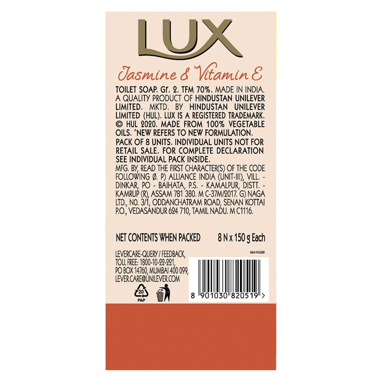 Lux Jasmine & Vitamin E Beauty Soap Bar For Glowing Skin Combo Offer Pack 8x150 g