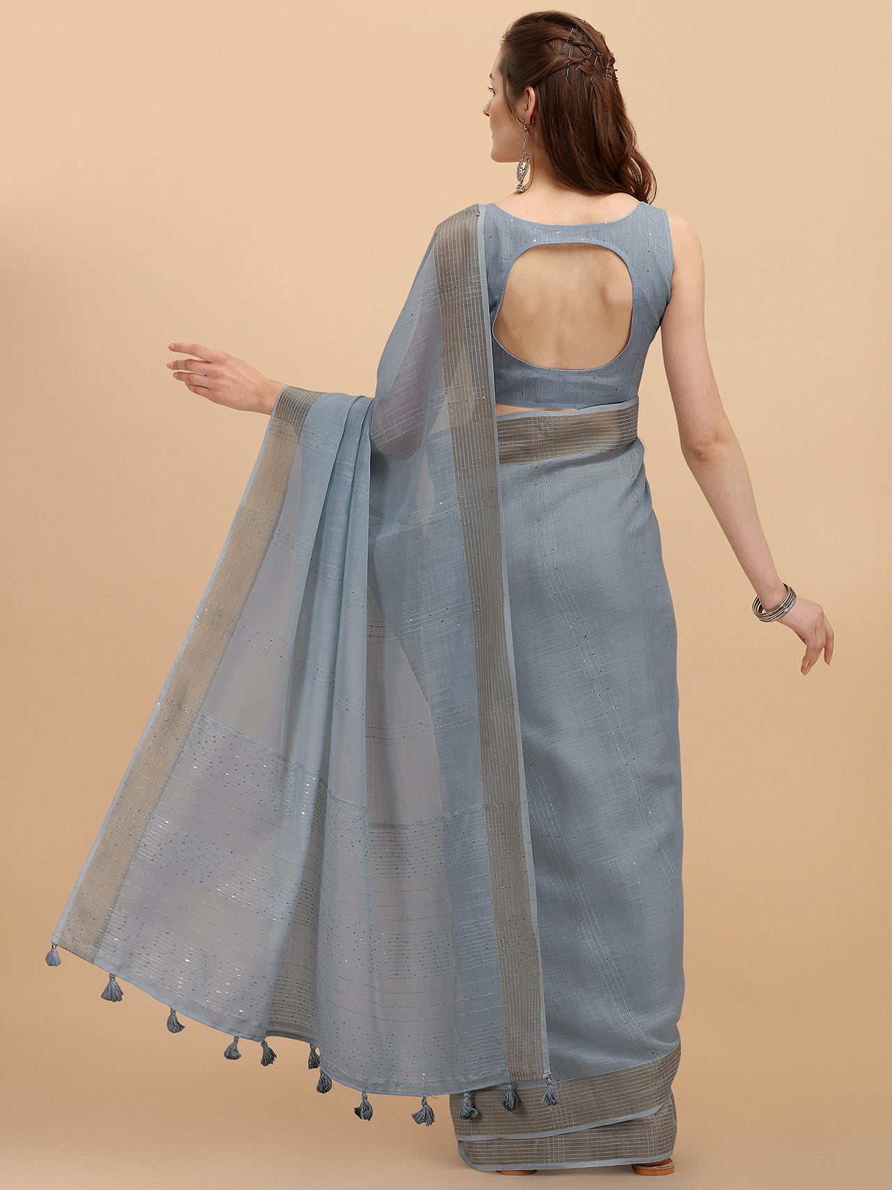 DUNGRANI Women's  Linen Saree With Blouse Piece