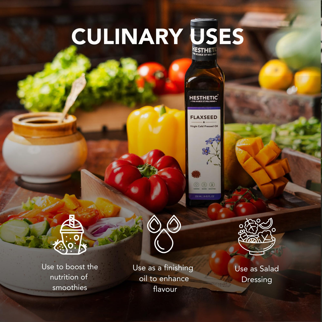 HESTHETIC Virgin Cold Pressed Flaxseed (Alsi) Oil | 100% Pure & Natural - 250 ml | Glass Bottle