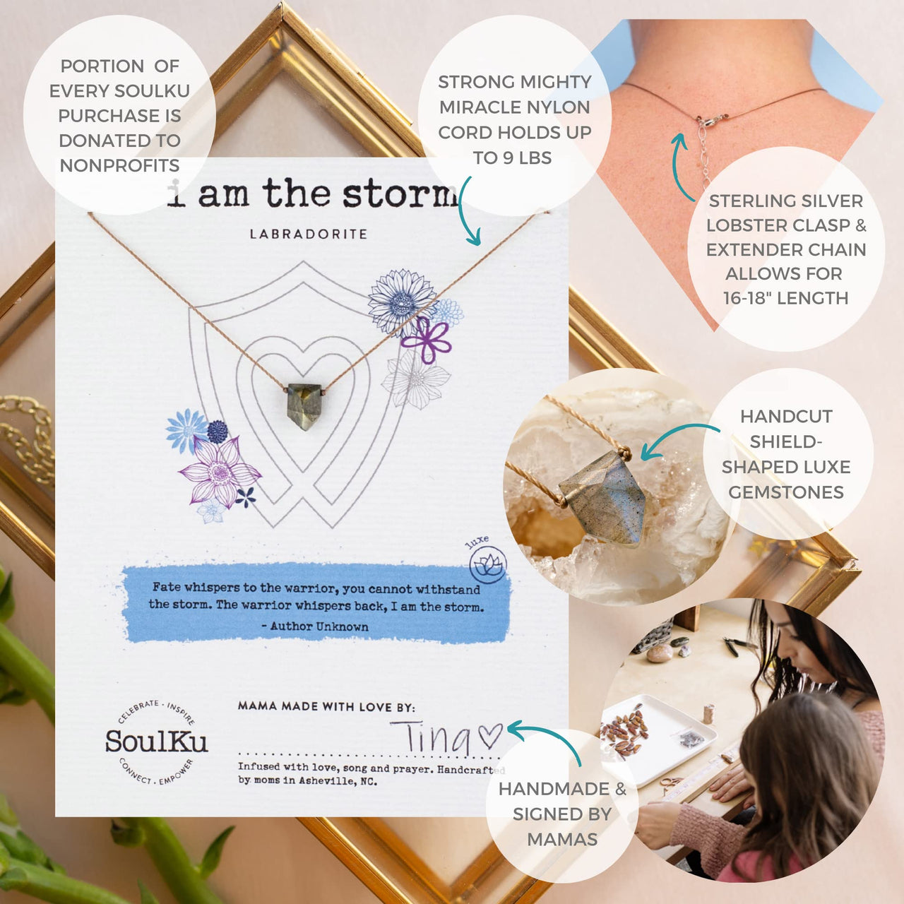 SoulKu Empowering Necklace, Empowering Jewelry With Healing Crystal, Inspirational Necklace For Strong Women, Mom & Sister, 16" Cord with 2" Sterling Silver Extender (Labradorite) Labradorite