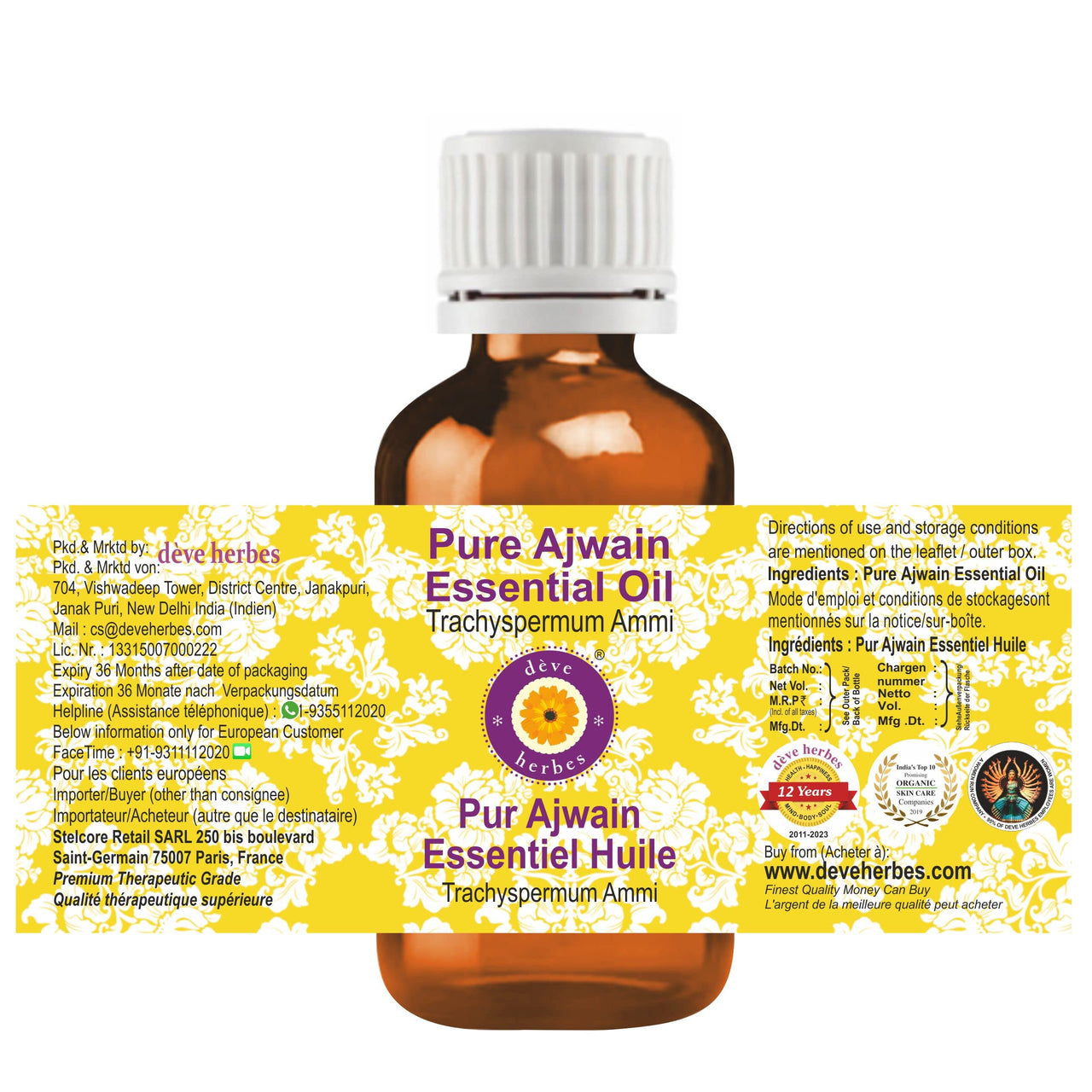 Deve Herbes Pure Ajwain Essential Oil (Trachyspermum ammi) Steam Distilled 30ml