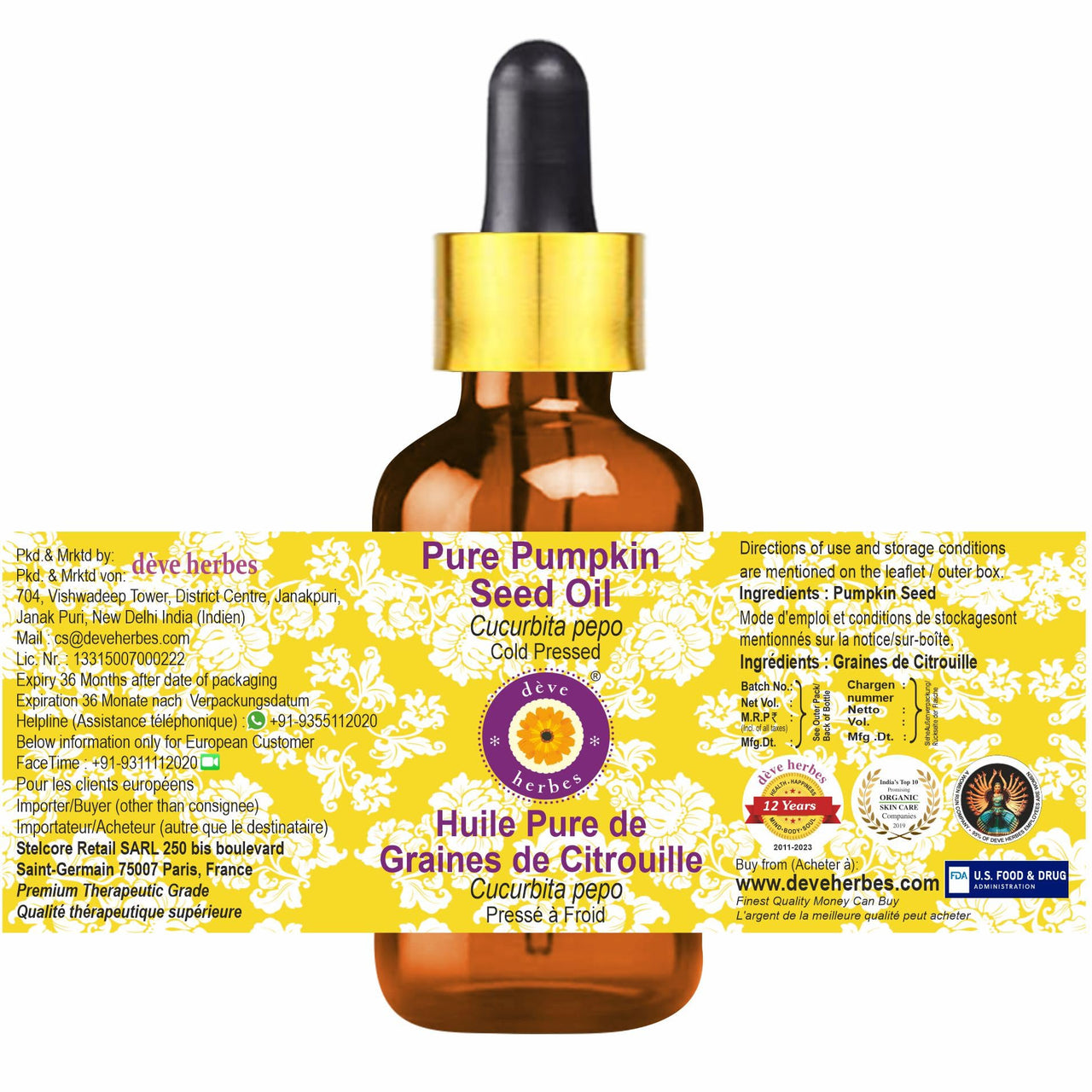 Deve Herbes Pure Pumpkin Seed Oil (Cucurbita pepo) with Glass Dropper | Cold Pressed | Natural | Undiluted | For Diluting Essential Oils | For Hair, Skin & Massage | Men & Women | 15ml