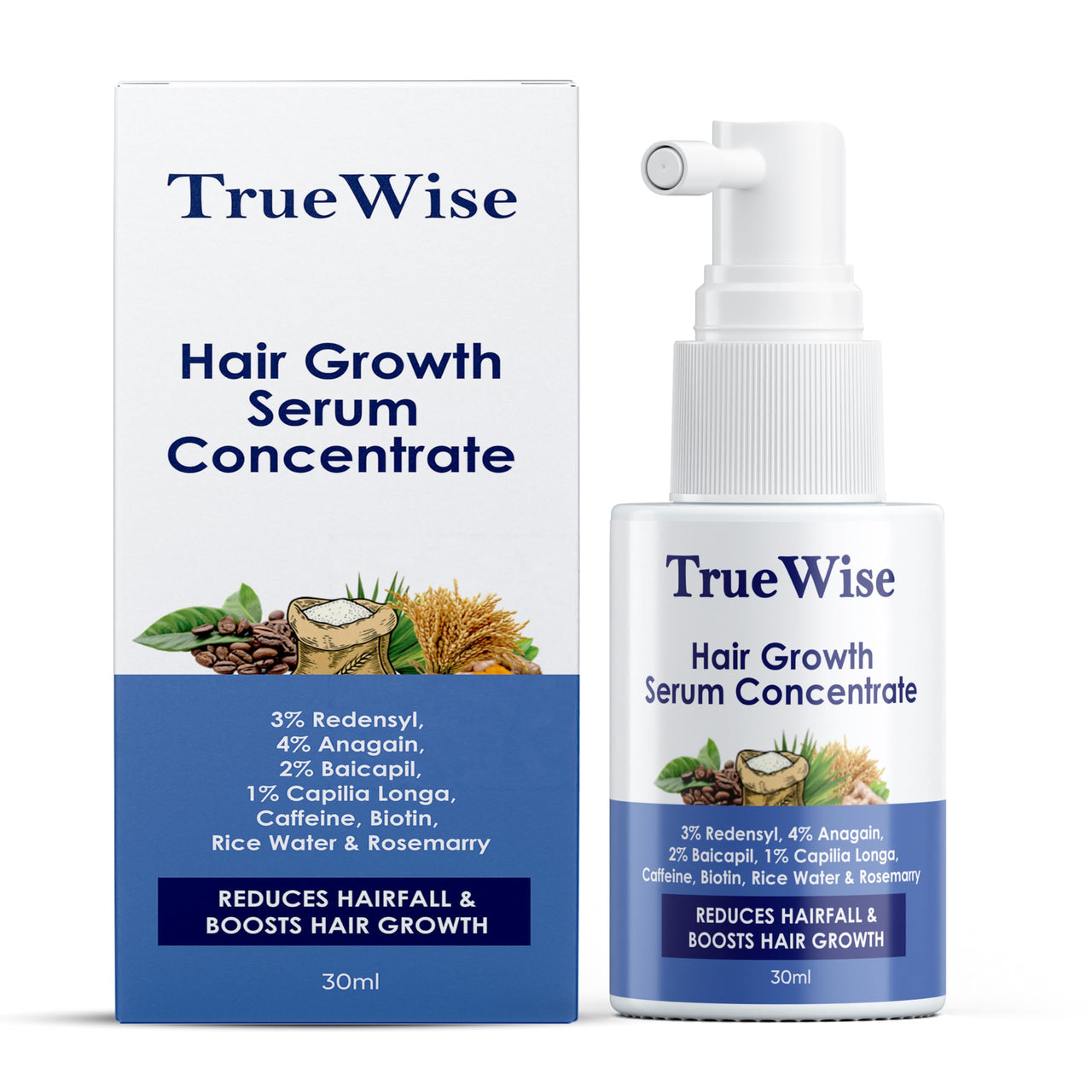 TrueWise® Hair Growth Serum 4% Anagain,3% Redensyl,2% Baicapil,1% Capilia Longa, Caffeine,Biotin & Rice Water With Rosemarry Advanced Hair Growth for Hair Fall Control Hair Serum for Women & Men 30ml