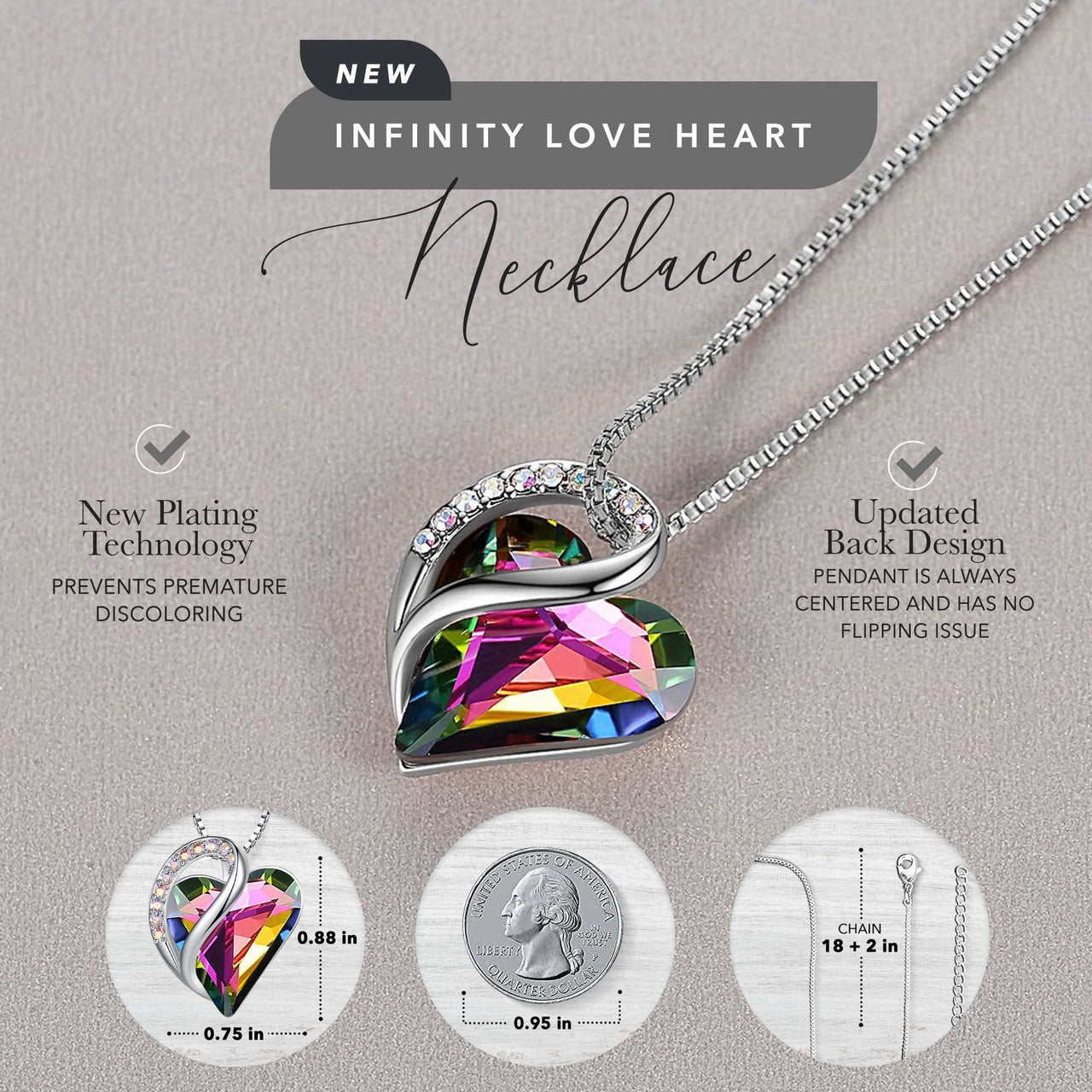 Leafael Women’s Silver Plated Infinity Love Heart Pendant Necklace with Birthstone Crystals, Jewelry Gifts for Her, 18 + 2 inch Chain, Anniversary Birthday Mother's  Necklaces for Wife Mom Girlfriend 13a-Protection-Rainbow Black
