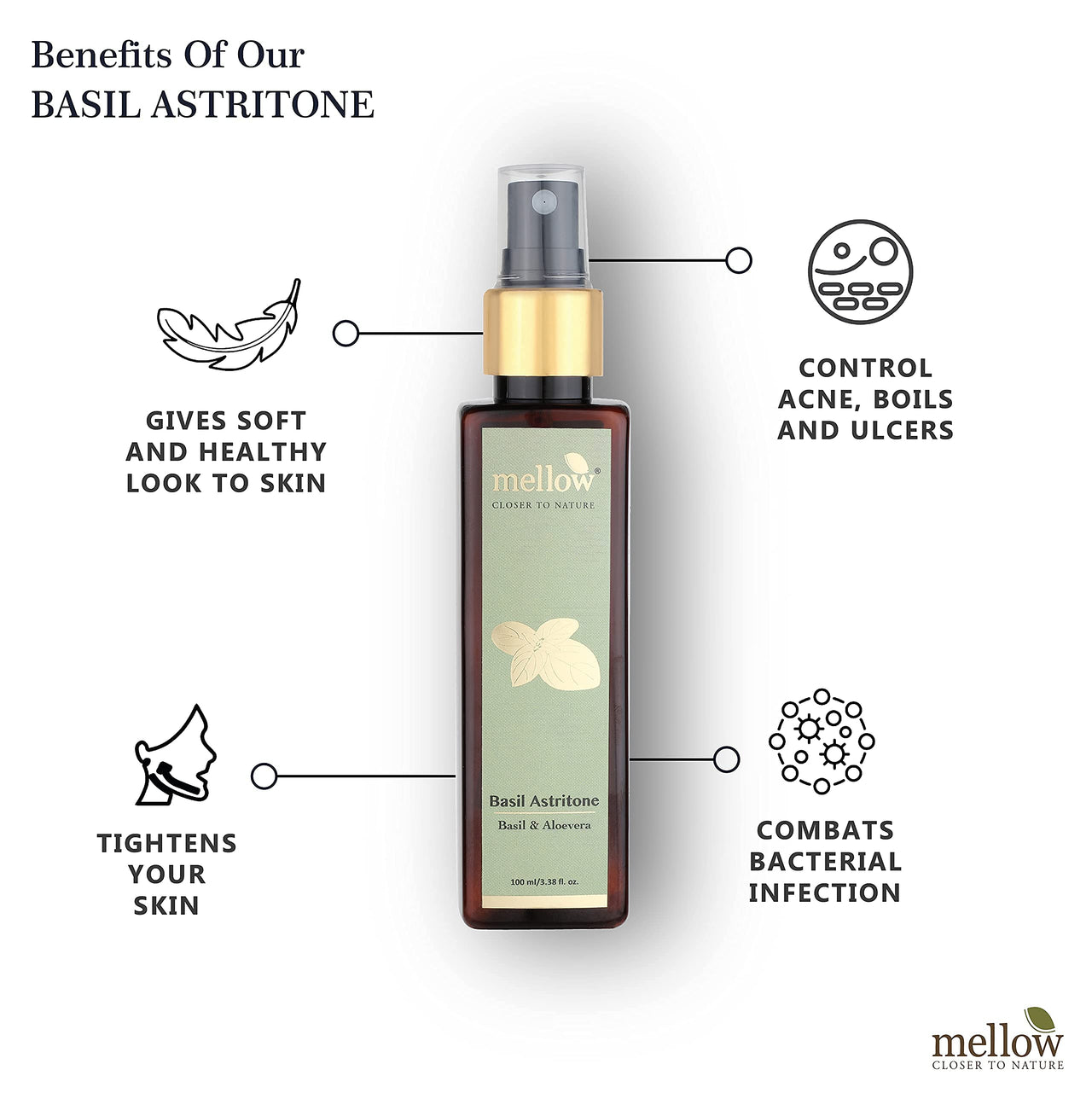 Mellow Herbals Basil Astritone | Ayurvedic Face Toner for Oily & Acne-Prone Skin | Controls Oil, Tightens Pores & Reduces Breakouts | Enriched with Basil, Aloe Vera & Rose Petals | 100ml