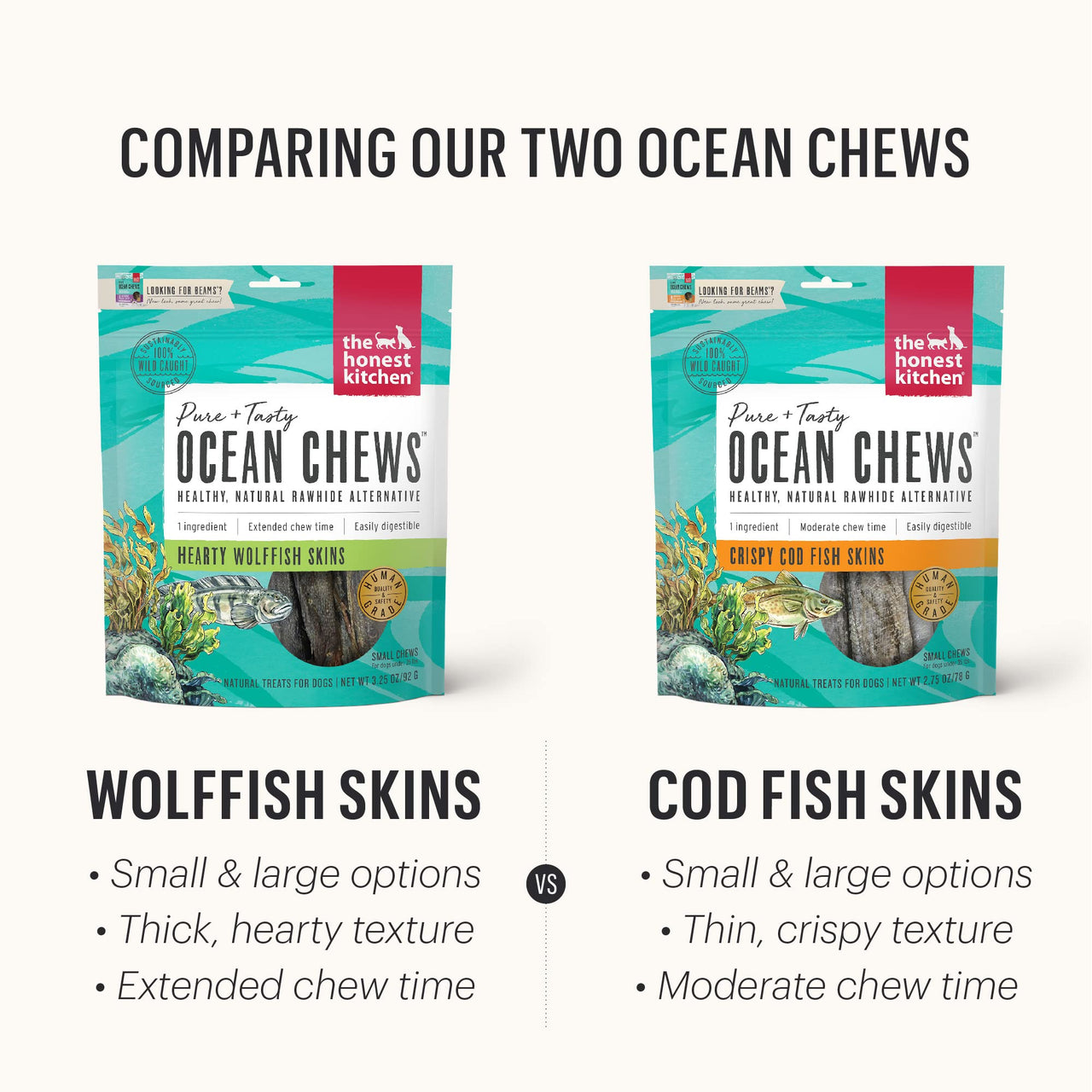 The Honest Kitchen Ocean Chews Crispy Cod Fish Skins Dog Treats, 2.75 oz (Beams)