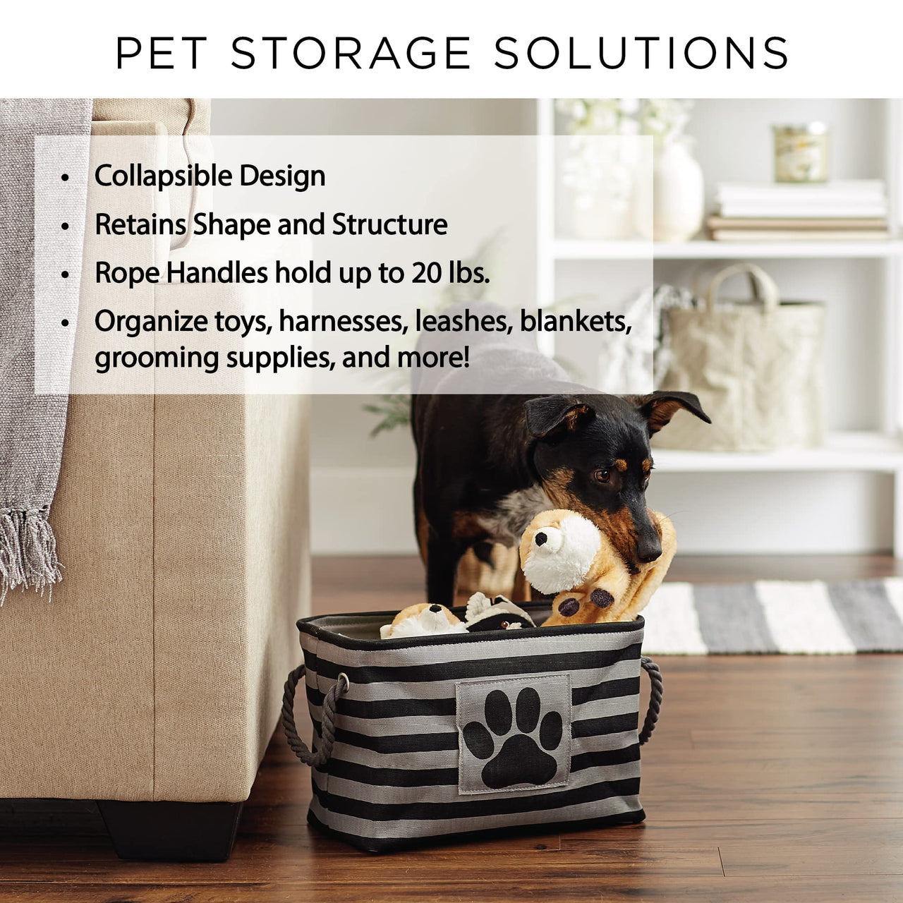Bone Dry Pet Storage Collection Striped Paw Patch Bin, Small Rectangle, Rose