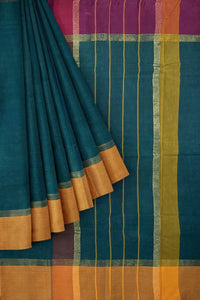 SENSAN Women’s Handloom Kanchi Cotton Saree with Blouse Piece [SKU:430] Light Beige×Navy Blue