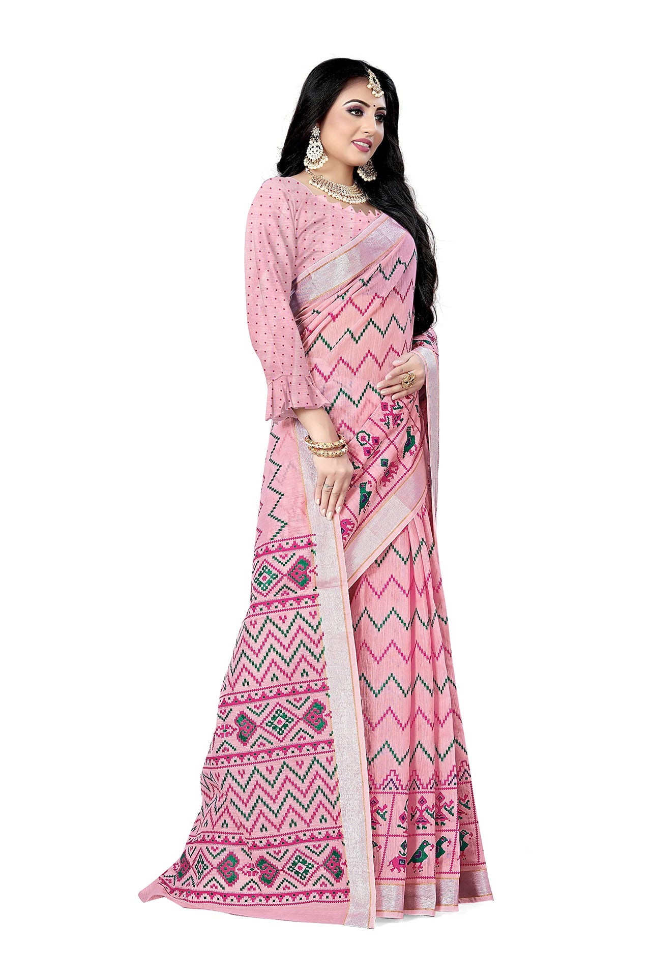 DHRUVI TRENDZ Women's  Cotton Silk Printed Banarasi Patola Silk Blend saree women with Blouse Piece (Orange)