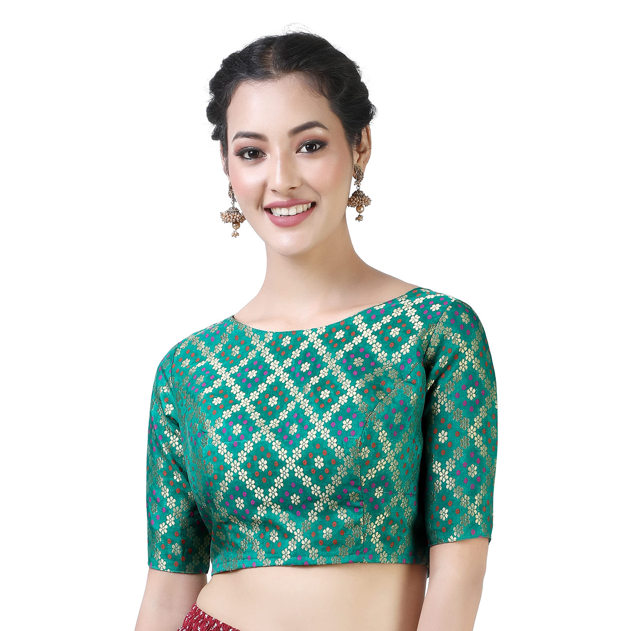 X3 Women's  Brocade Zari Weaving Elbow Length Sleeves Saree Blouse