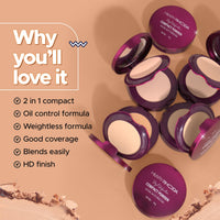 Hilary Rhoda HD High-Definition Pressed Powder | 2 in 1 Compact Powder | Shimmery & Matte Finish | Oil Control Formula | 18g (Sand - Shade 04)