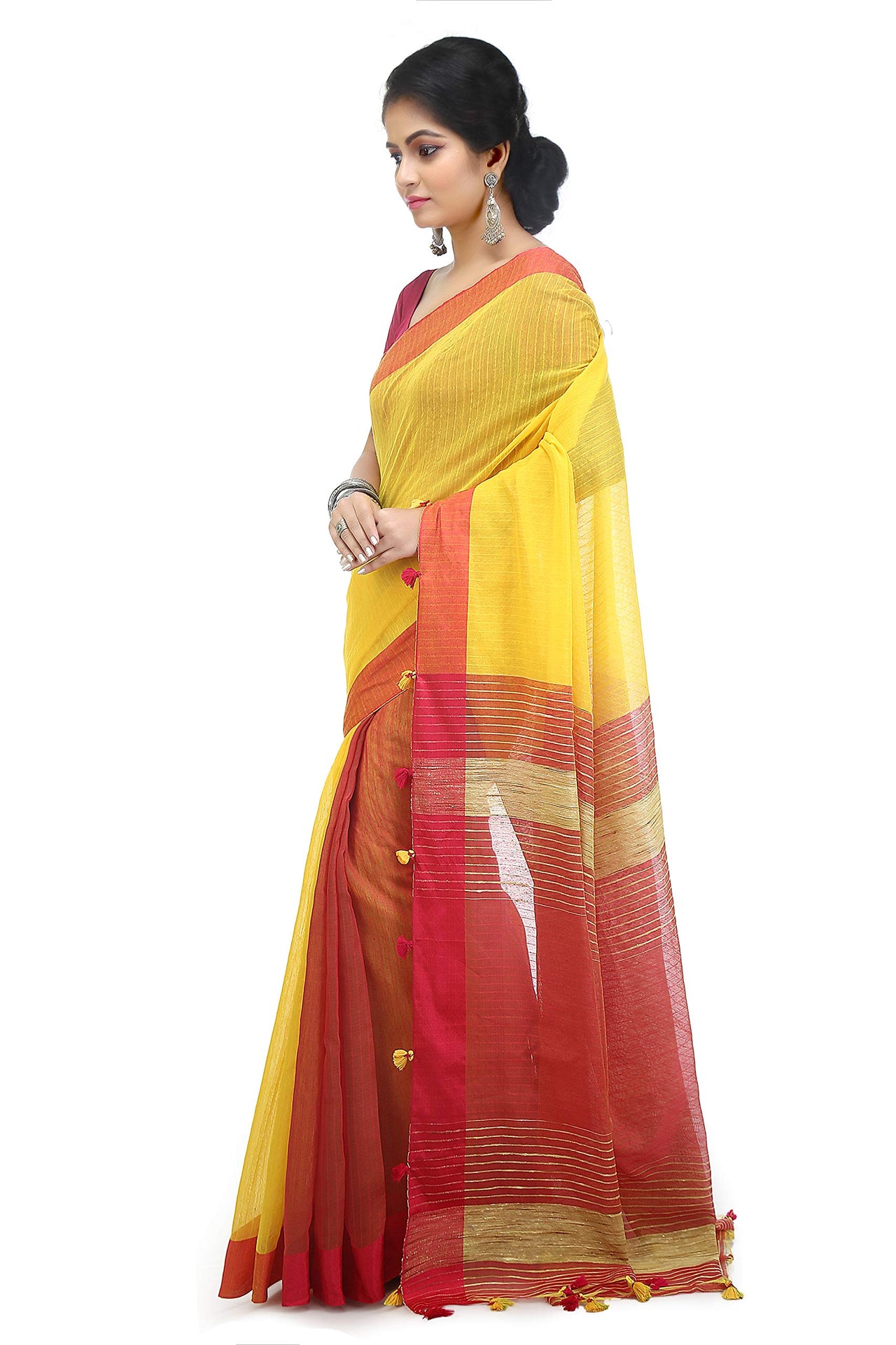 BENGAL HANDLOOM Women's  Art Silk Cotton Stripe Saree With Blouse Piece