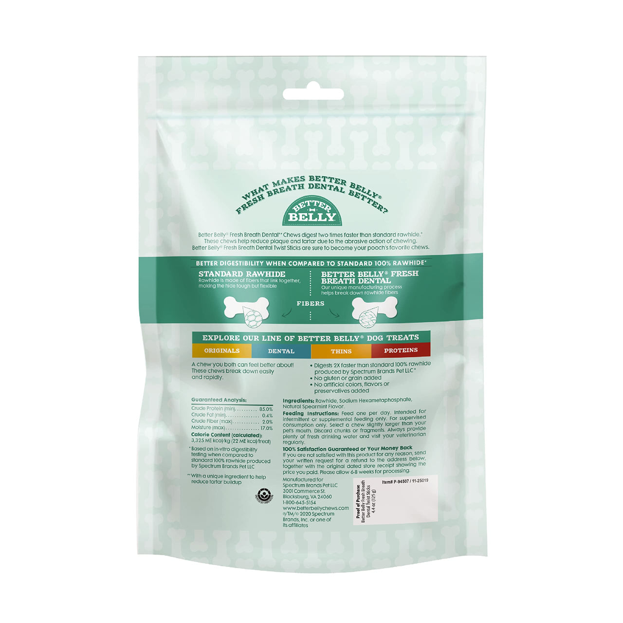 Better Belly Fresh Breath Dental Twist Sticks,Highly Digestible Rawhide for Dogs, 25 Count Twist Sticks | 25 Count