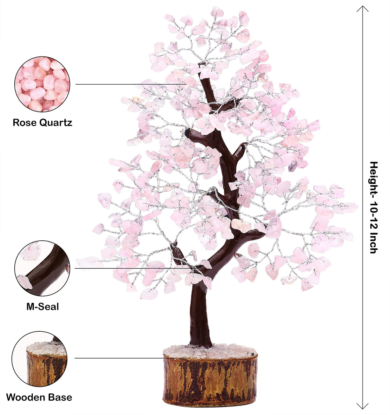 Rose Quartz Crystal Tree of Life - Chakra Tree for Positive Energy, Feng Shui Decor - Handmade Gemstone Tree, Good Luck Money Tree Bonsai, Pink Healing Crystals - Meditation Stones, Spiritual Gift Rose Quartz (Silver Wire)