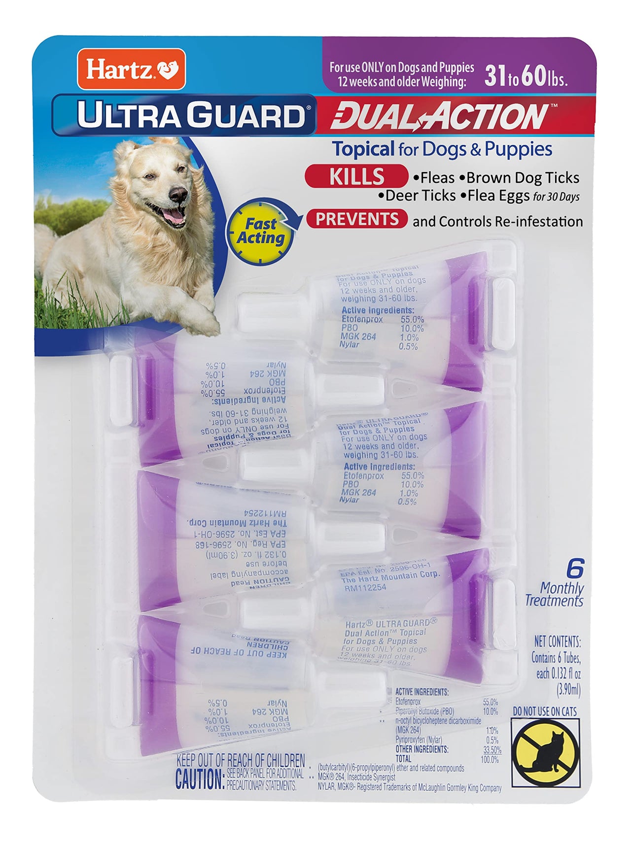 Hartz UltraGuard Dual Action Flea & Tick Topical Dogs & Puppies Treatment & Prevention, 6 Months, 31-60 lbs