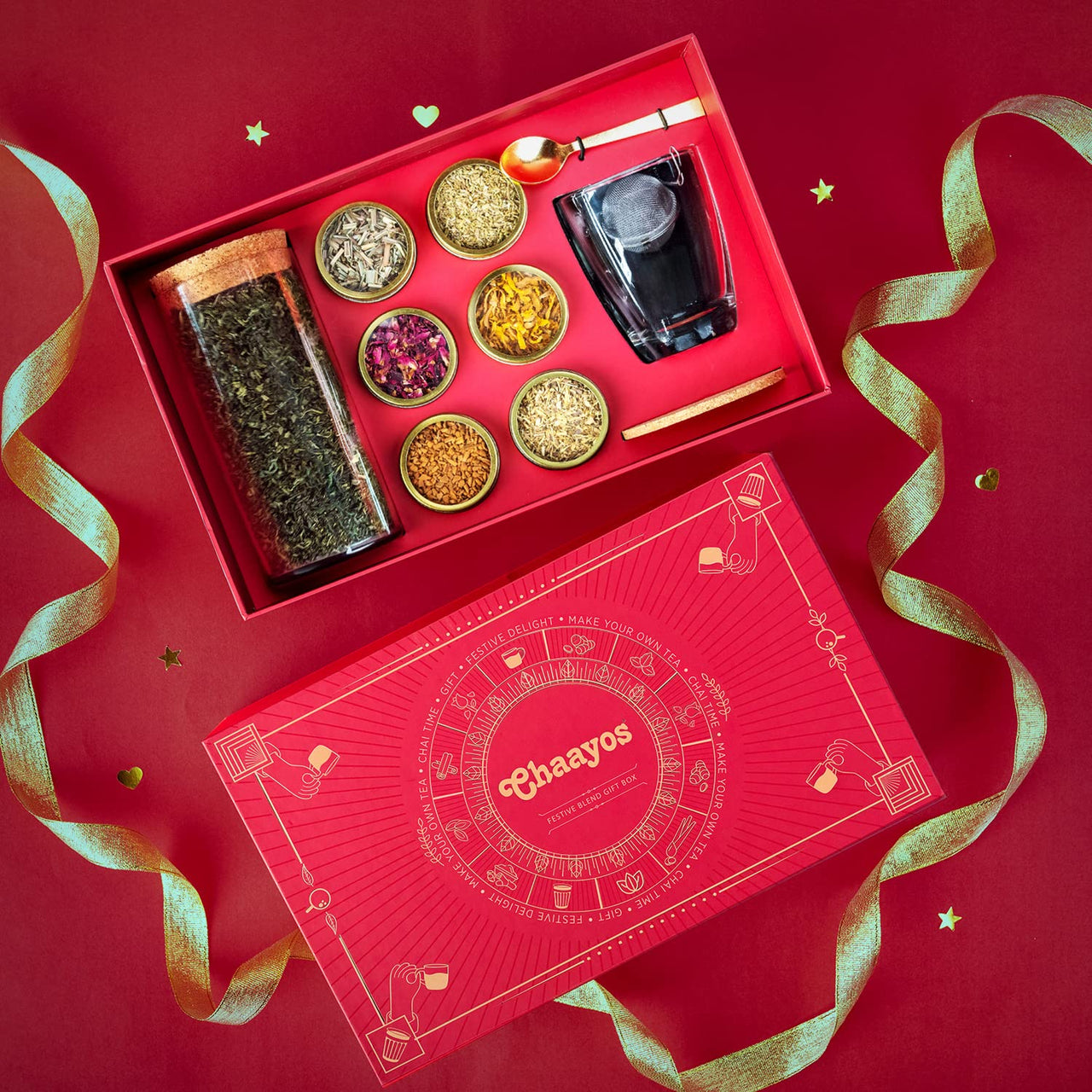 Chaayos Herbal Premium Gift Diwali Hampers | Contains Green Tea with Six natural Ingradients with Steel tea Infuser, Glass Mug & Golden Spoon for Tea & Coaster | Whole Leaf Green Tea Set | Green Tea Gift Box | Diwali Gift pack | Whole Leaf Green Tea Set |