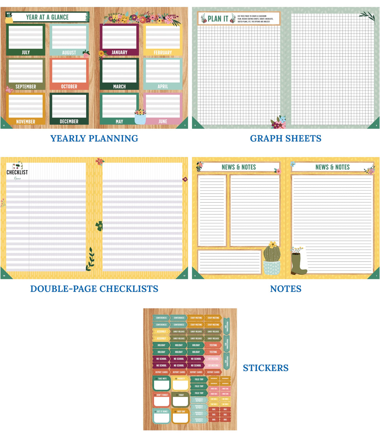 Carson Dellosa Grow Together Teacher Planner, 8" x 11" Spiral Bound Planner With Planner Stickers, Undated Daily Planner, Weekly & Monthly Planner, School Supplies for Classroom Organization