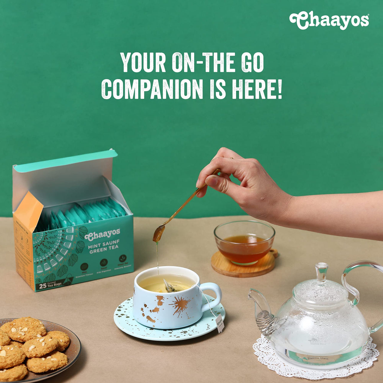 Chaayos Green Tea Bags - Mint Saunf (50 Pyramid Tea Bags) | Spearmint Tea and Fennel Flavoured Green Tea | Mint Green Tea | Herbal Tea | Green Tea Leaves