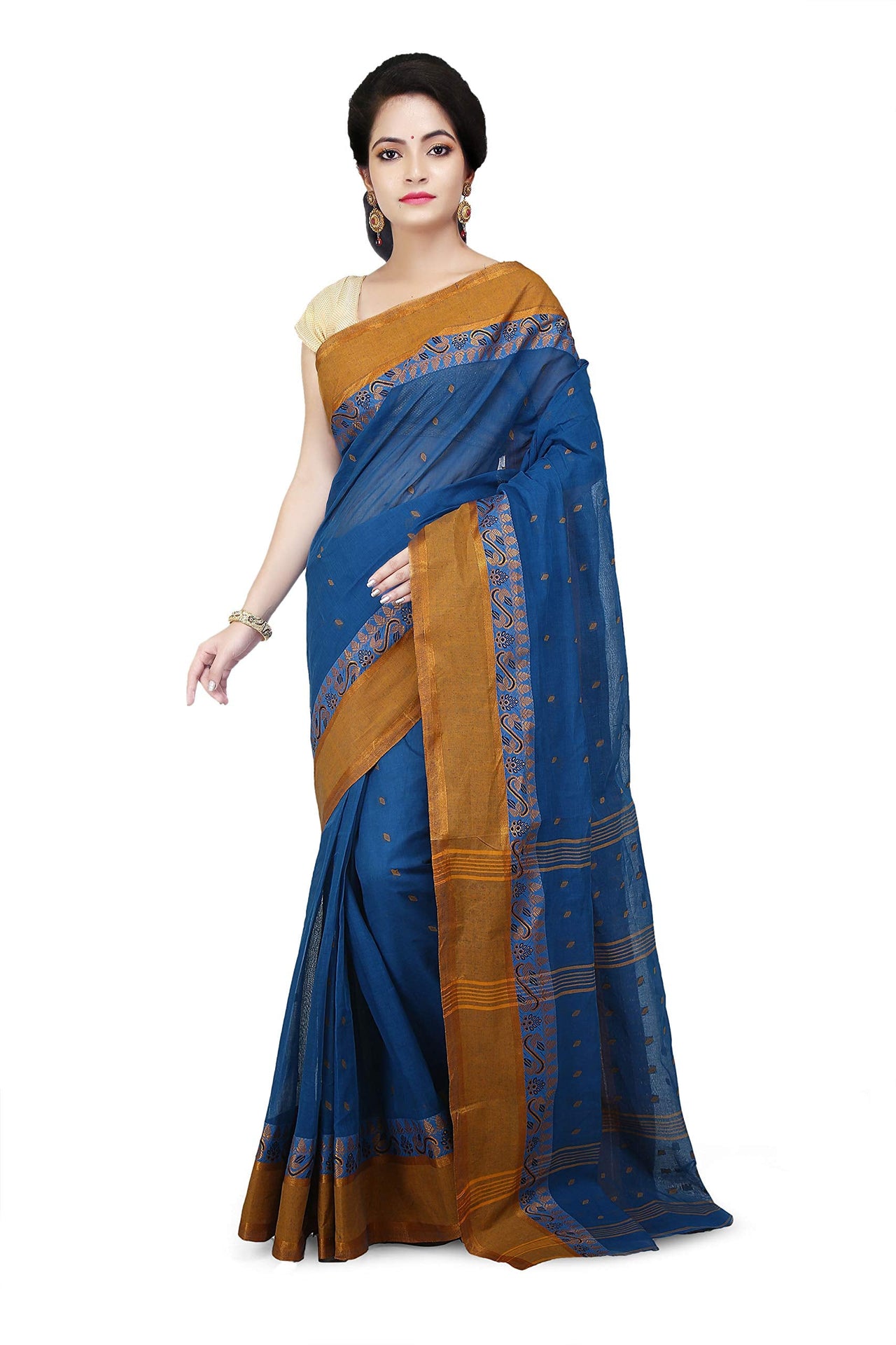 WoodenTant Women's  Handloom Cotton Tant Saree with Buti Work without blouse piece