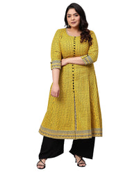 Yash Gallery Women's  Plus Size Plus Size Cotton Slub Checks Printed Anarkali Kurta for Women
