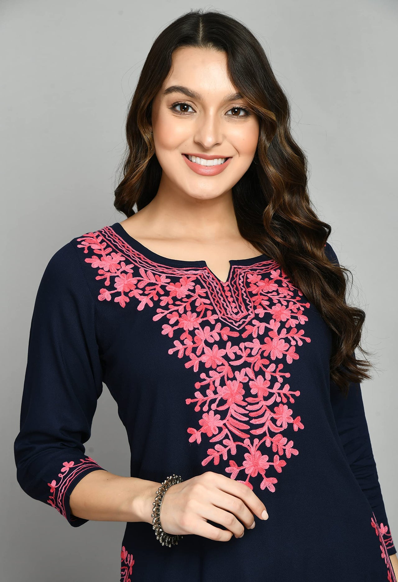 QAZMI Women's  Cotton Straight Embroidered Kurti Black L