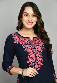 QAZMI Women's  Cotton Straight Embroidered Kurti Black L