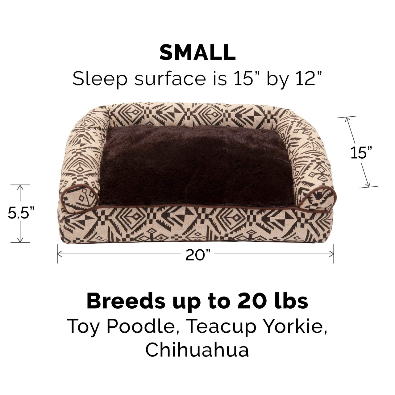 Furhaven Pillow Dog Bed for Small Dogs w/ Removable Bolsters & Washable Cover - Plush & Southwest Kilim Woven Decor Sofa - Desert Brown, Small