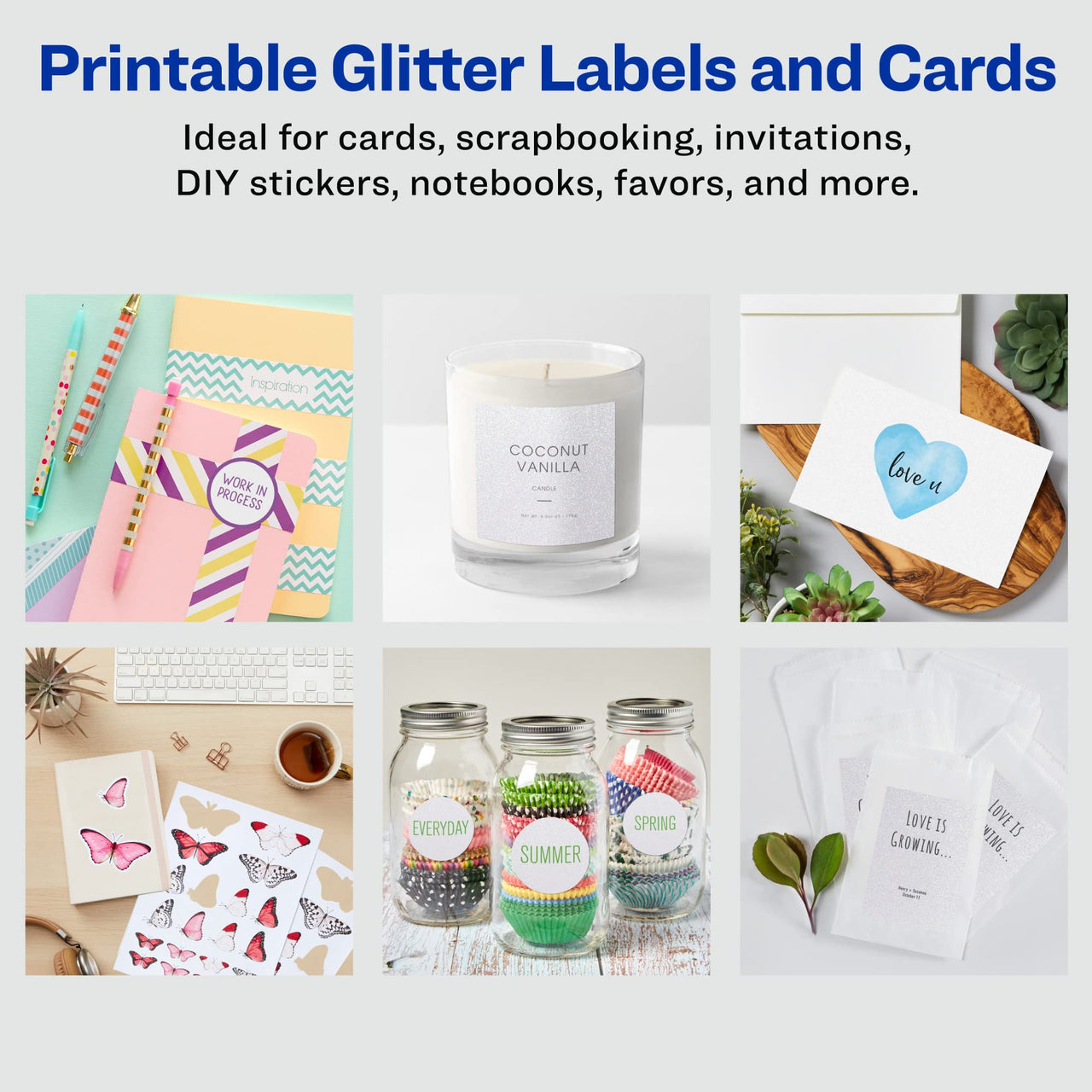 Avery Luxe Collection Glitter Stickers, 1" x 2-5/8", Mess-Free White Glitter, Print to The Edge, Easy Peel, Printable Glitter Sticker Paper for Inkjet Printers, 96 Rectangle Labels Total (05905) 1" x 2-5/8" 96 labels