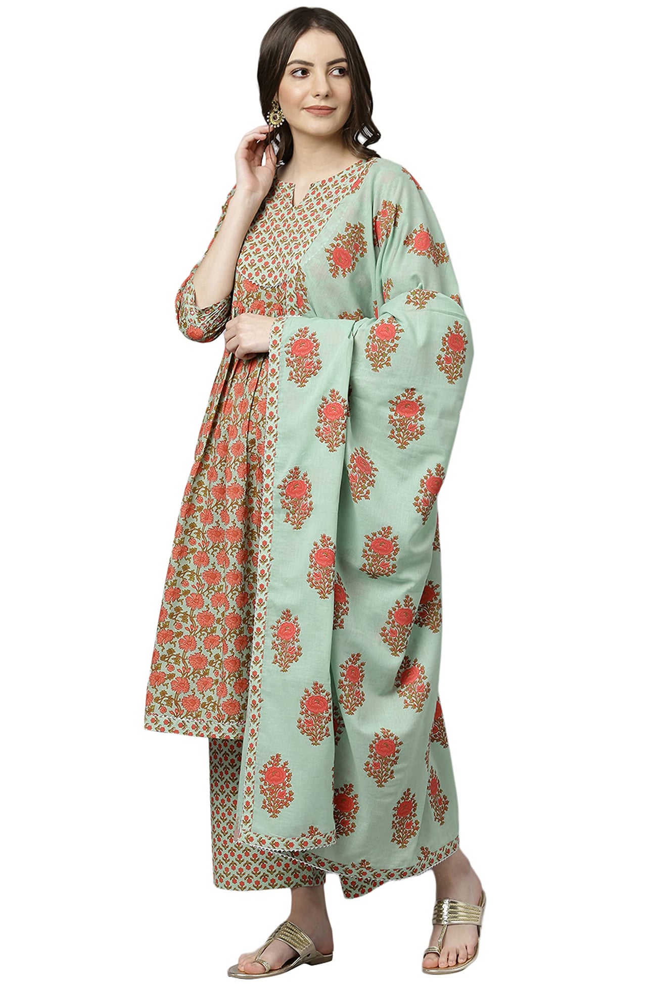 Janasya Women's  Light Green Cotton Kurta With Palazzo And Dupatta
