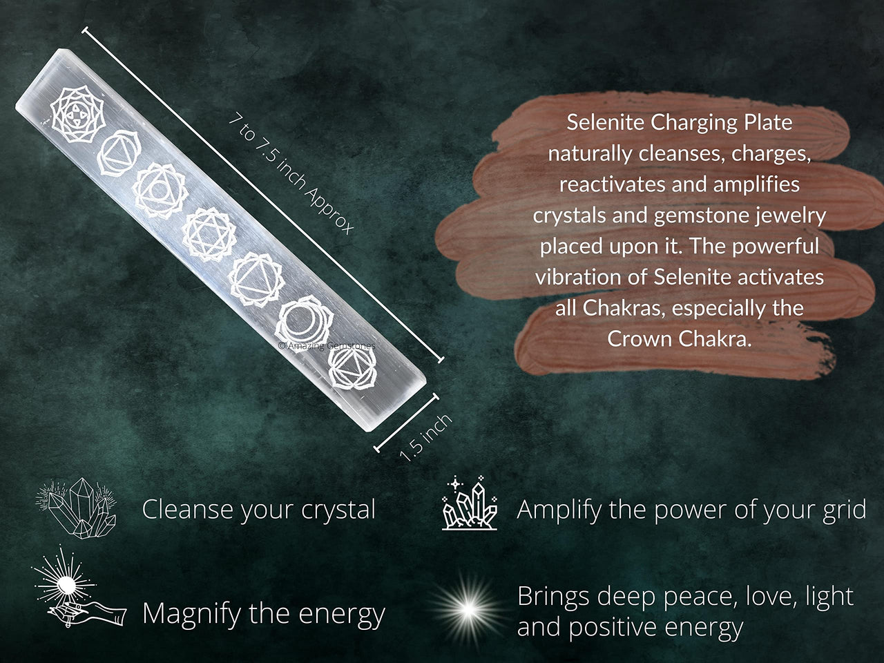 Selenite Crystal Charging Plate For Crystals And Healing Stones, 7.5" Selenite Crystal Plate Engraved Chakra Coaster For Home Office Table Decor (Selenite Stick) Rectangle