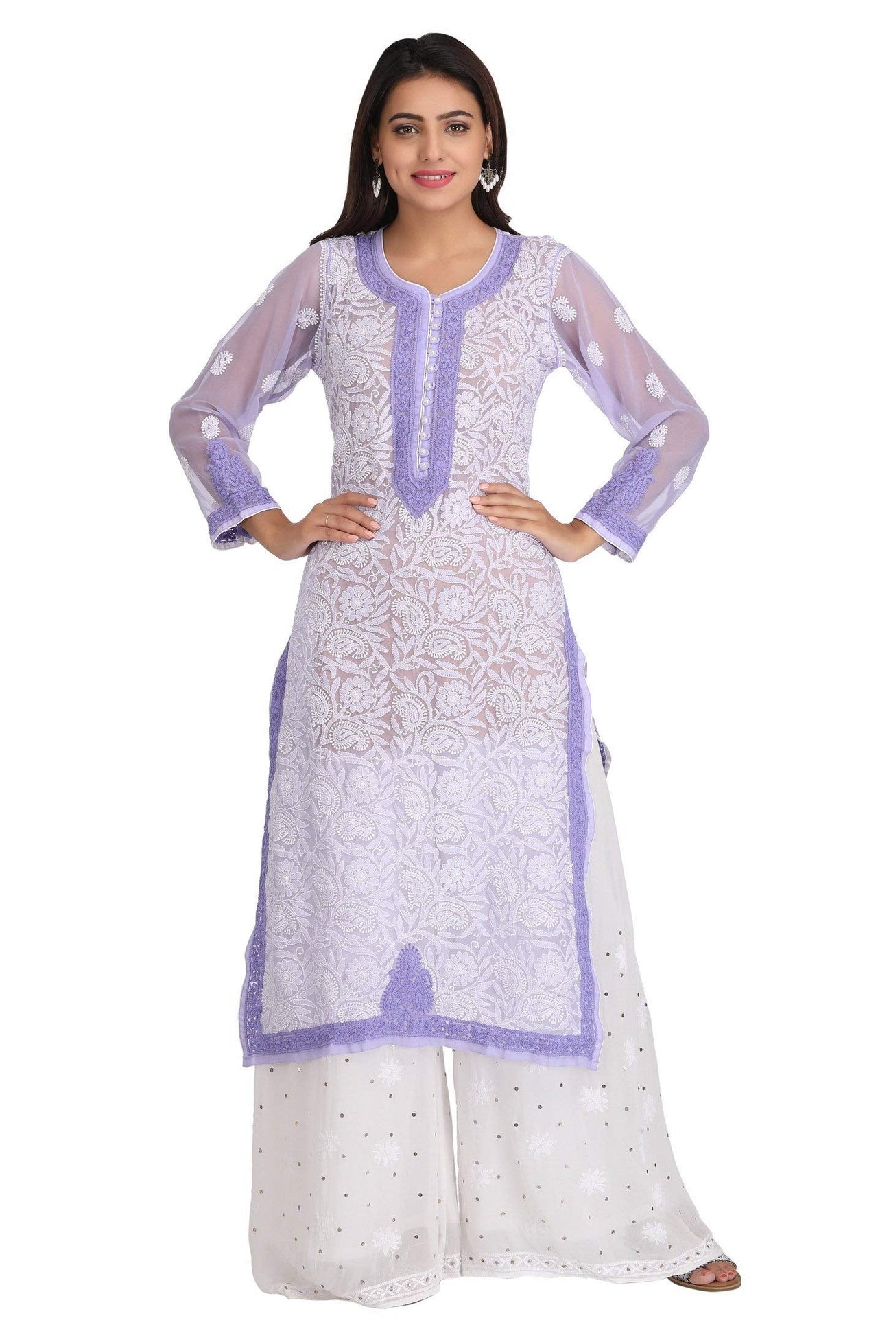 Ada Women's  Hand Embroidered Faux Georgette Lucknowi Chikankari Kurti with Slip