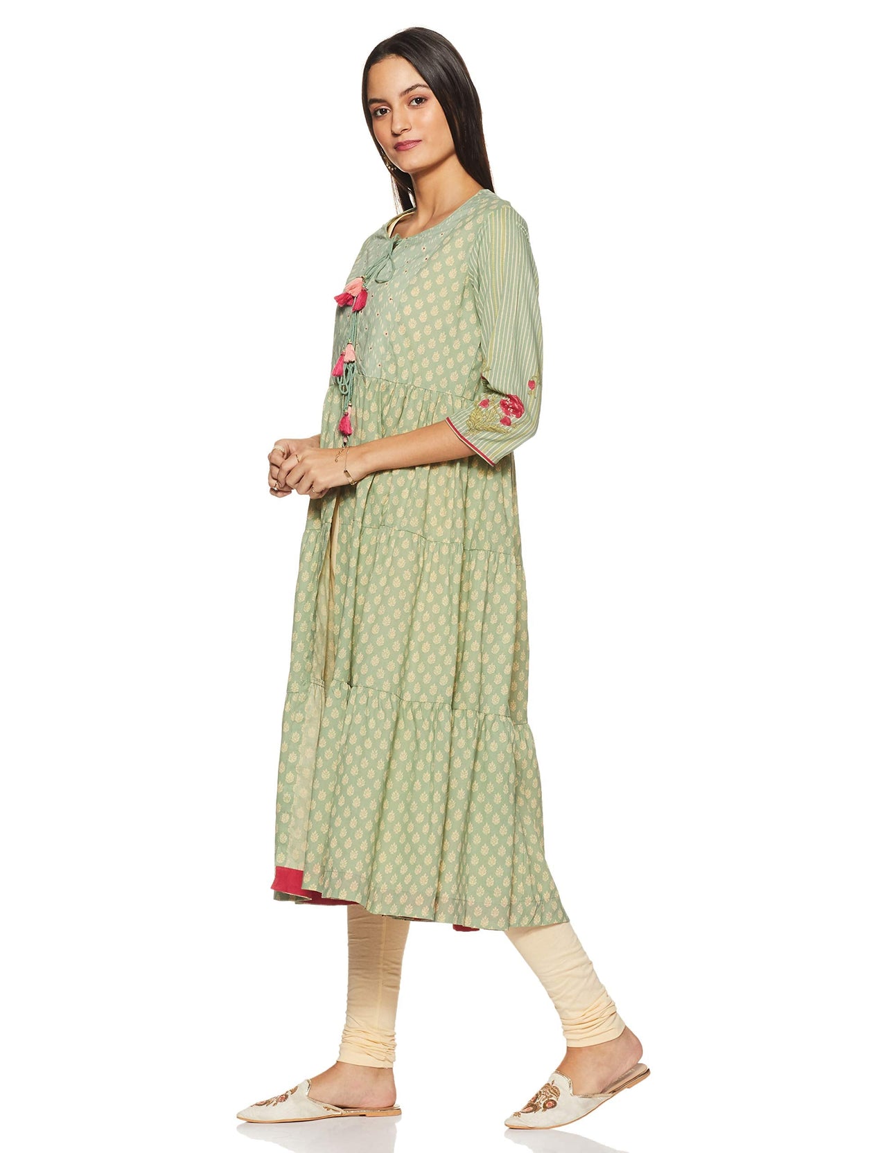 BIBA Womens Tie Up Neck Printed Layered Kurta Churidar with Jacket Set