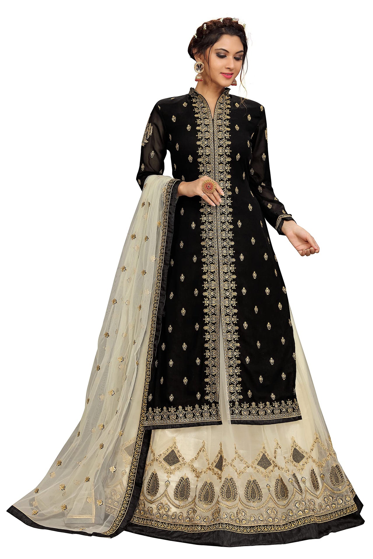 TRENDMALLS Women's  Georgette Embroidery Kurta Lehenga Suit Set Stitched