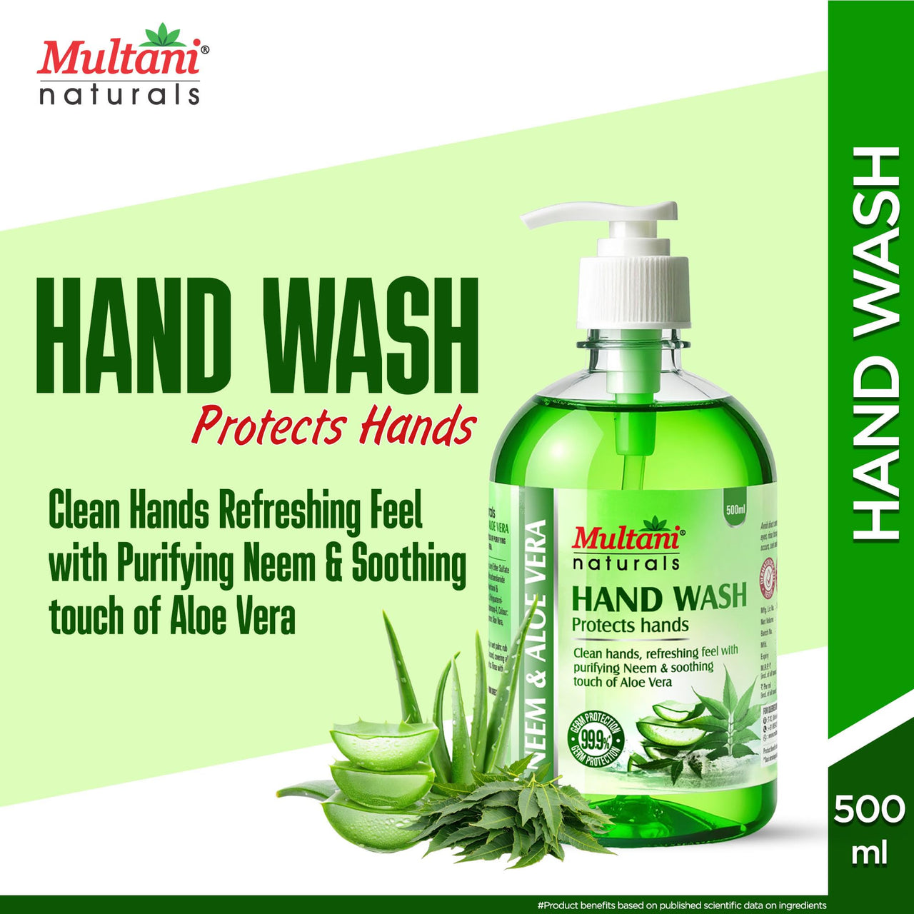 Multani Naturals Neem Aloe Vera Hand Wash 500ml | Gentle Hand Cleanser with Natural Ingredients | 99.9% Germ Protection Liquid Hand Wash