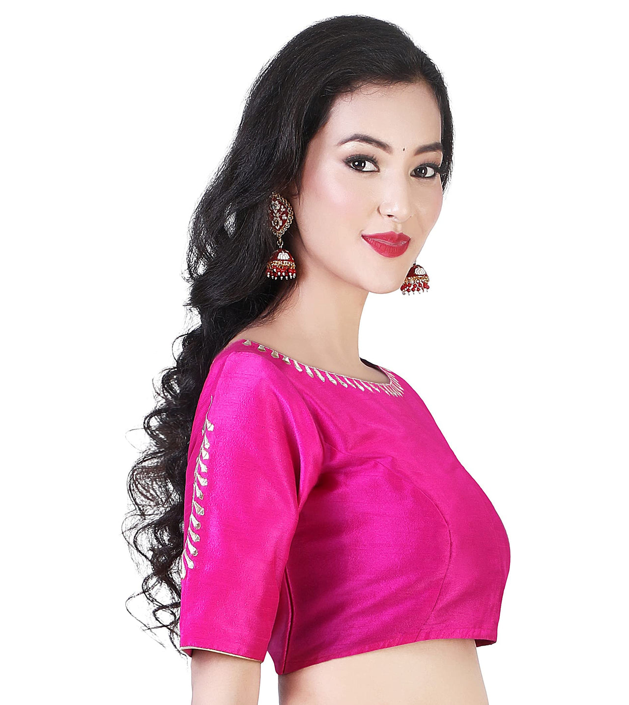 X3 Women's  Silky Polyester Lined With Pure Cotton Embroidered Elbow Sleeves Saree Blouse