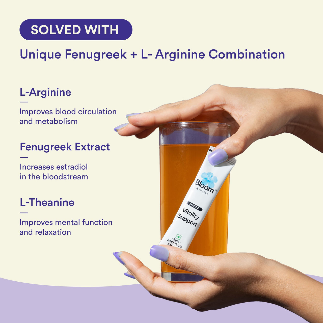 Bloom Vitality Support Water Soluble Powder | 20 Easy Pour Sticks (Pack of 1) | Unique Blend of Fenugreek Extract + L-Arginine | Stress Relief & Relaxation