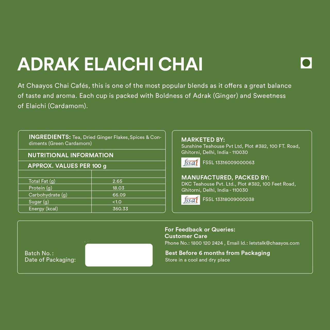 Chaayos Adrak Elaichi Tea (Ginger and Cardamom) - Premium Desi Chai Patti for Authentic Masala Flavour | Immunity Booster- 200g [100 Cups]