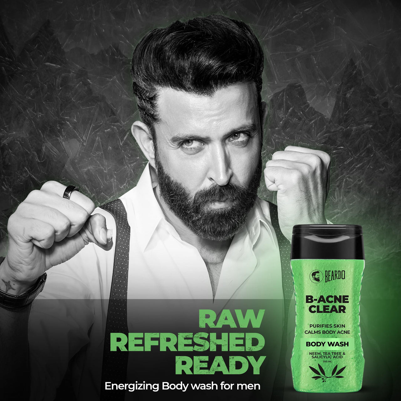 BEARDO B-acne Clear Body Wash, Hair Growth Vitalizer Shampoo & Ball Sack Intimate Wash 3 Items in the set