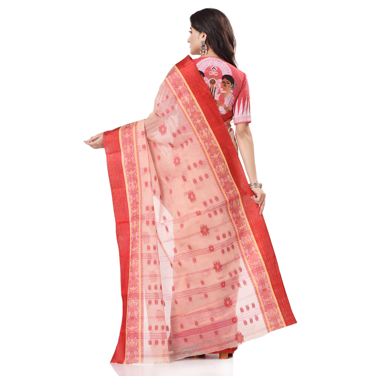 dB DESH BIDESH Women`s Traditional Bengal Phulkoli Woven Design Pure Handloom Cotton Saree Without Blouse Piece White Red