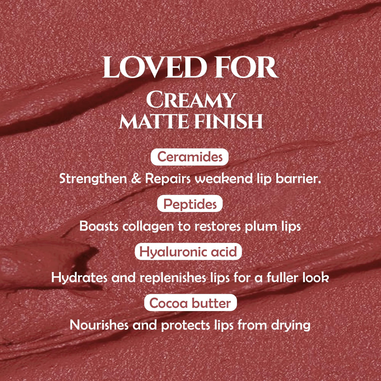 Glamveda Creamy Matte Long Lasting Lipstick with Ceramides & Peptides, Lightweight, 12 Hour Wear, Smudgeproof & Transferproof - Chilli 308