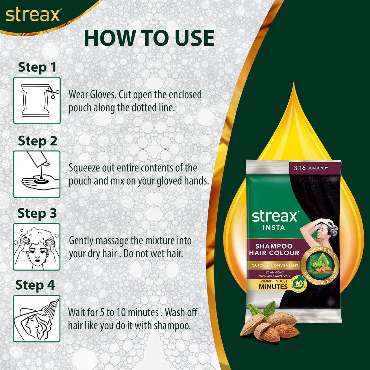 Streax Insta Shampoo Hair Colour for Men & Women, Burgundy, 18ml (Pack of 8) | Enriched with Almond Oil & Noni Extracts | Long-Lasting Instant Colour