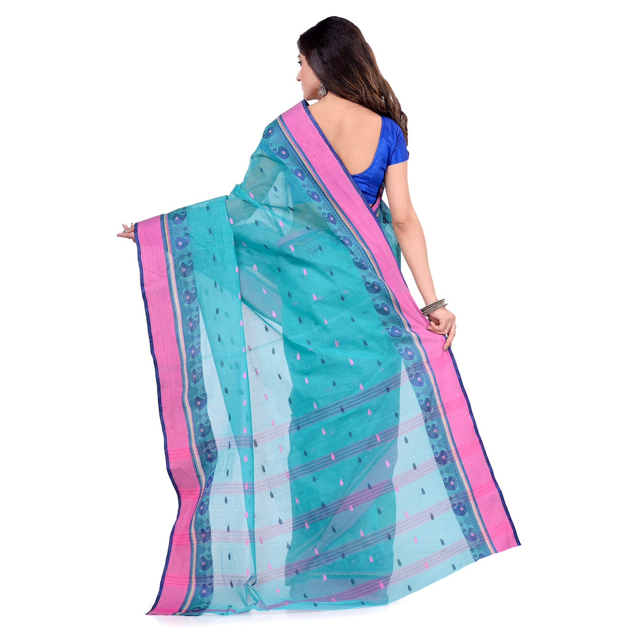 dB DESH BIDESH Women`s Traditional Bengal Tant Woven Minakari Kolka Design Pure Handloom Cotton Saree Without Blouse Piece